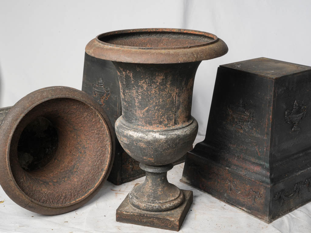 Striking Pair of Early 19th Century Cast Iron Médicis Urns on Bases w/ Black Finish - 39½"