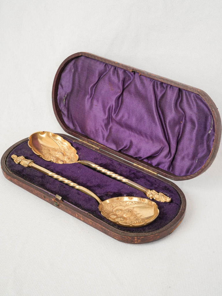 Set of Two Graceful Victorian Gilt Fruit Spoons w/ Apostle Finials