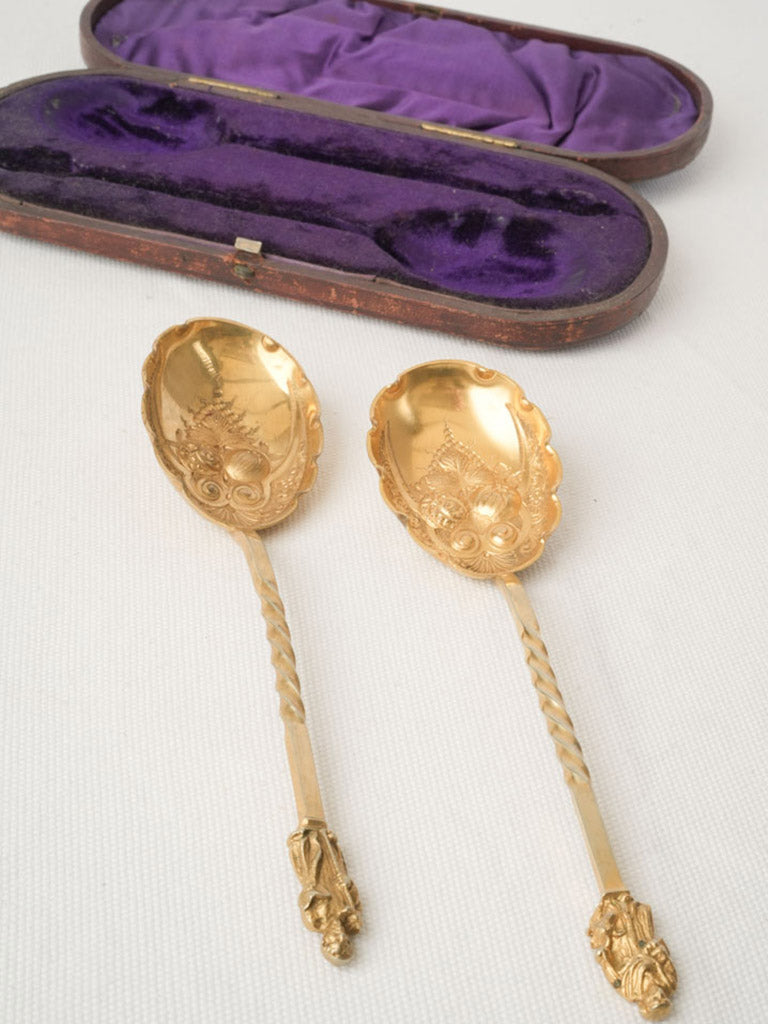 Set of Two Graceful Victorian Gilt Fruit Spoons w/ Apostle Finials