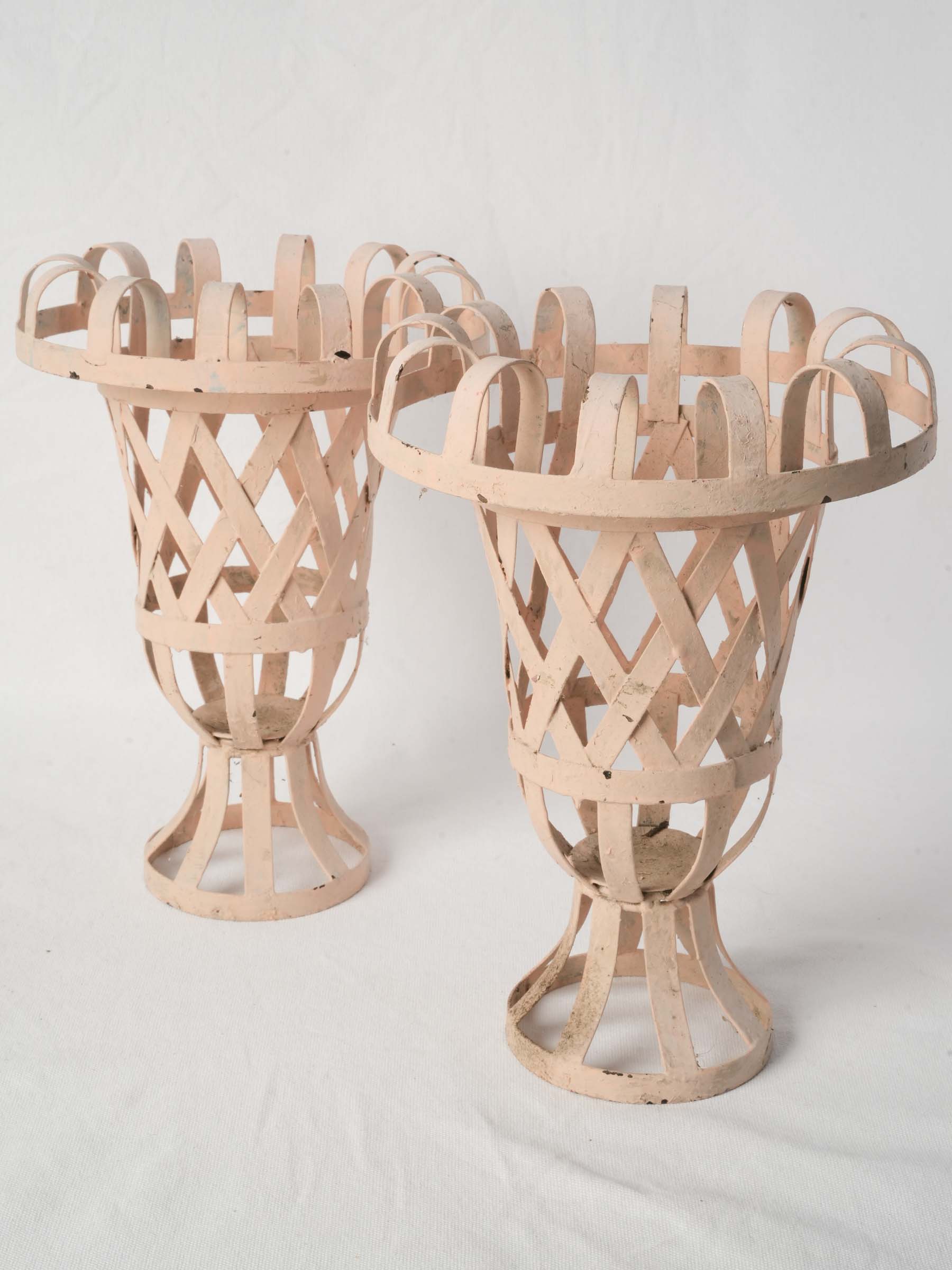Pair of Small Médicis-Style Metal Lattice Cachepots in Soft Blush - 14¼"