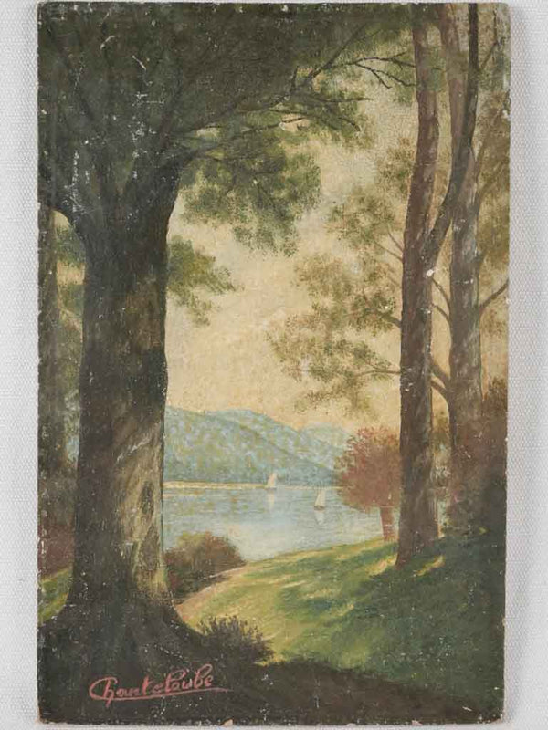 Small 1940s painting  of Lake Chanteloube - French Alps 12¼" x 8"