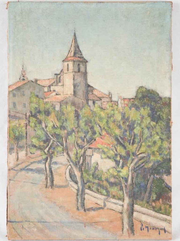 Oil painting of a village in Provence - 1930s -21¾" x 15"