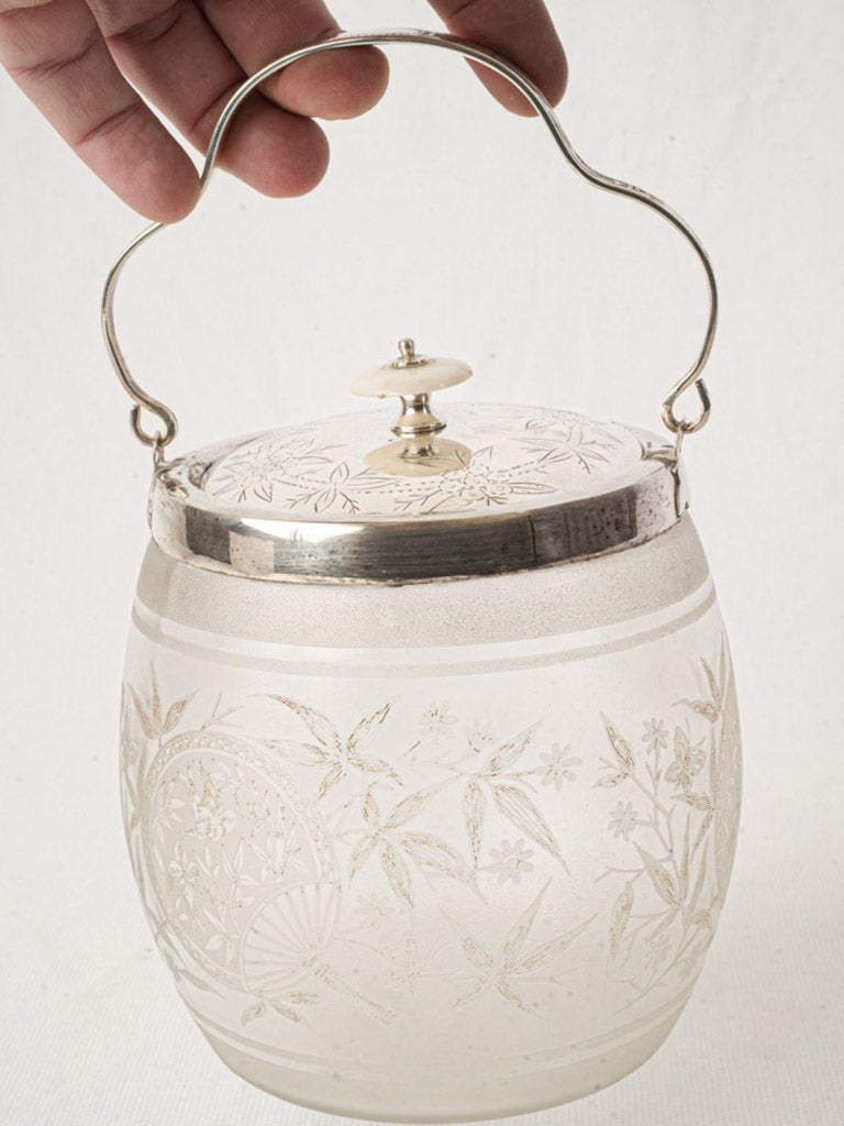 Edwardian Glass Biscuit Barrel w/ Japonisme Decoration - 6¼"