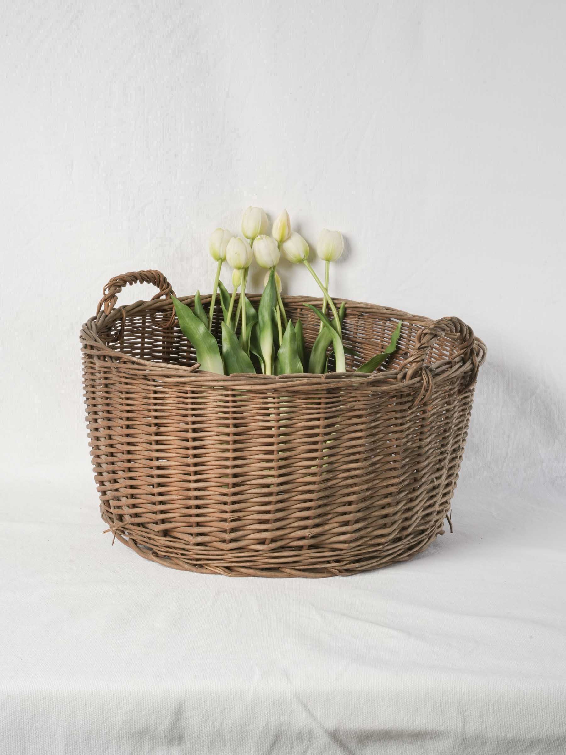 Vintage Handwoven French Wicker Basket with Twin Handles - 20" diam.