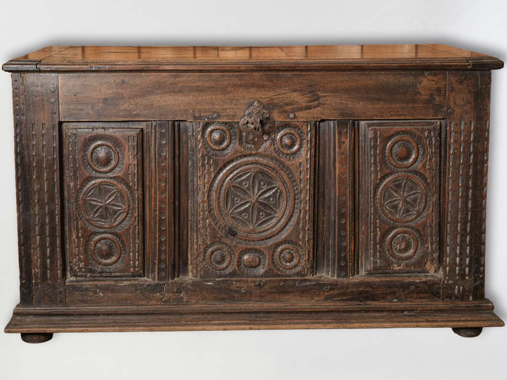 Rustic French Mountain Chest w/ Carved Folk Motifs c.1800 - 26" x 45"