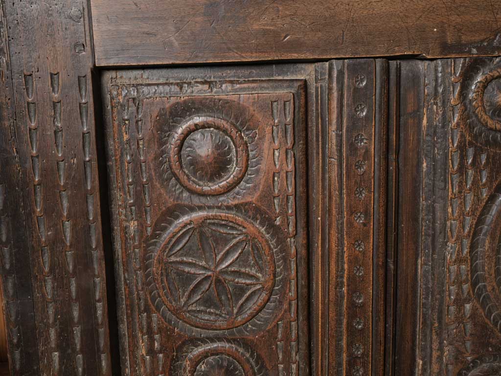 Rustic French Mountain Chest w/ Carved Folk Motifs c.1800 - 26" x 45"