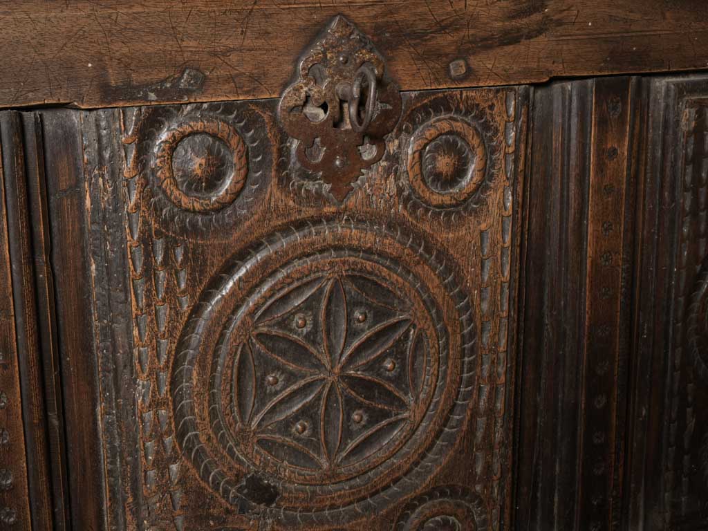 Rustic French Mountain Chest w/ Carved Folk Motifs c.1800 - 26" x 45"
