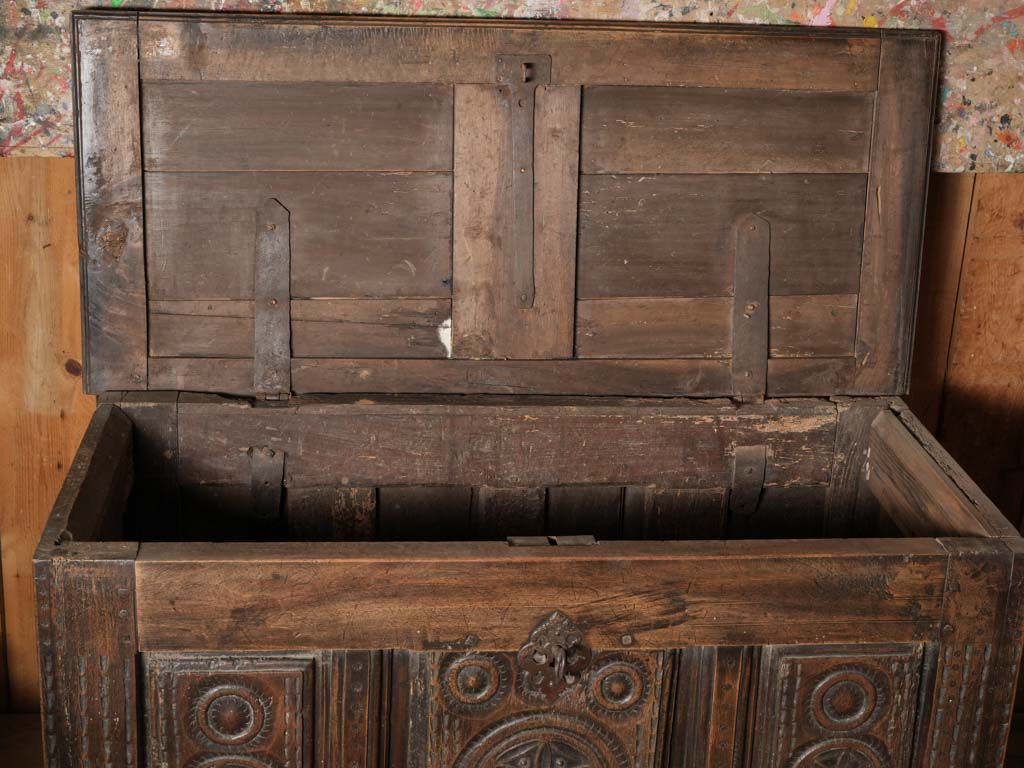 Rustic French Mountain Chest w/ Carved Folk Motifs c.1800 - 26" x 45"