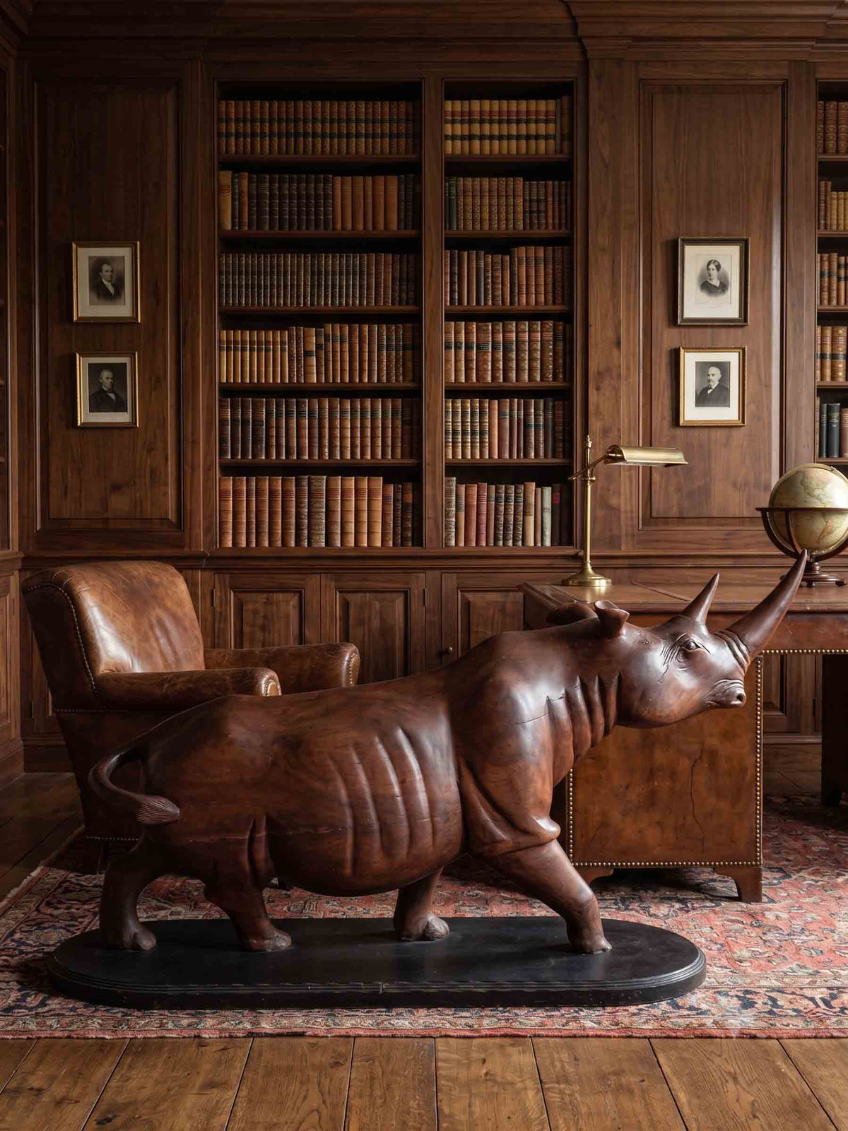 Monumental Mid-Century Monoxylous Hand-Carved Hardwood Rhinoceros, c. 1960 - 41"  x 75½"