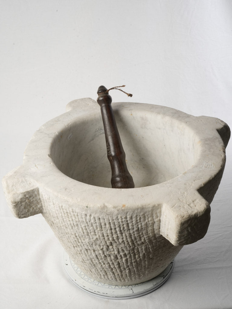 Very Large Antique Marble Mortar w/ Wooden Pestle - 14½" x 24¾"