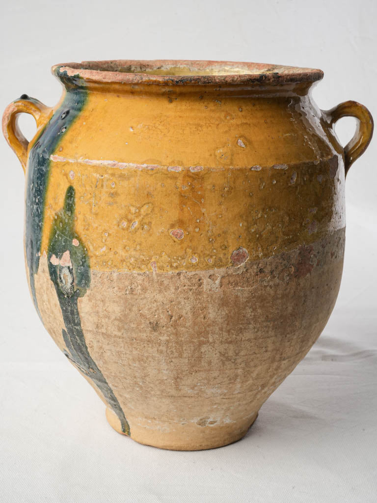 Large Antique Half Glazed Confit Pot with Rare Blue Green Glaze Run - 12¼"