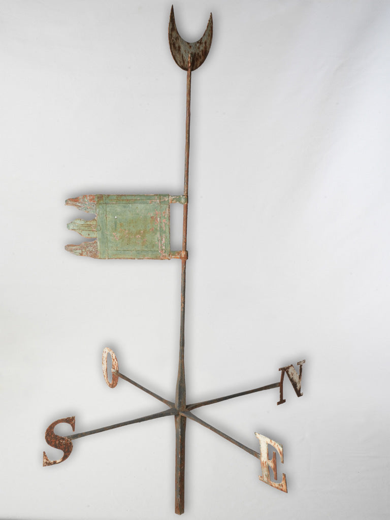 19th Century French Wrought Iron Weathervane w/ Flag and Crescent Moon - 81½"