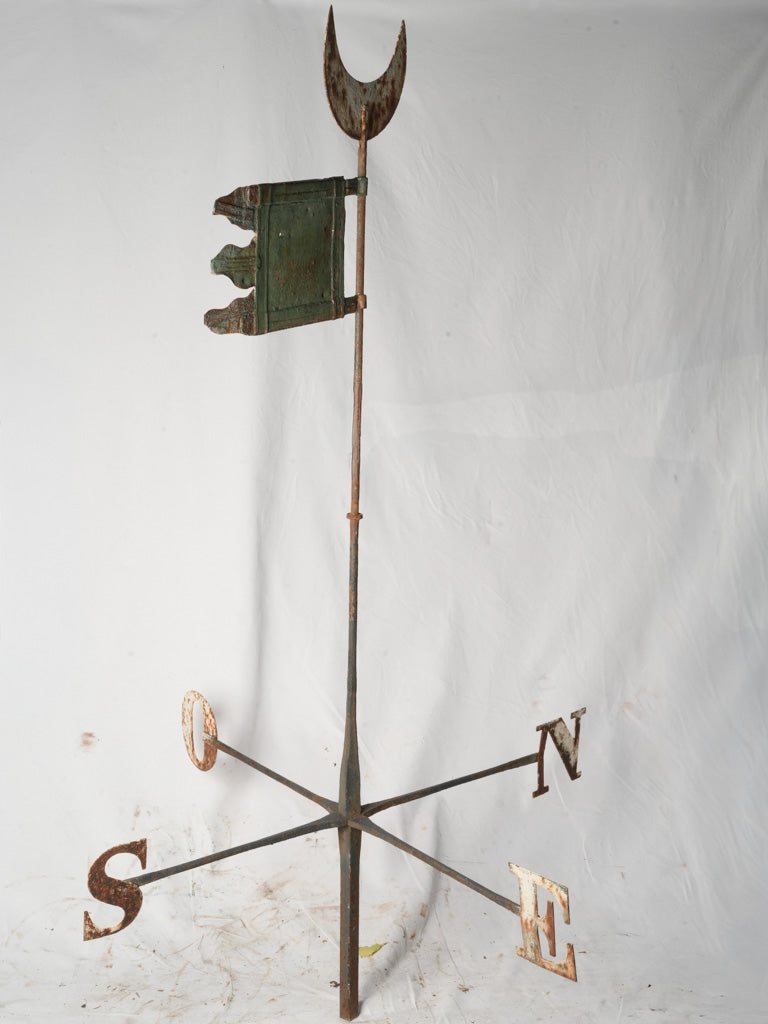 19th Century French Wrought Iron Weathervane w/ Flag and Crescent Moon - 81½"