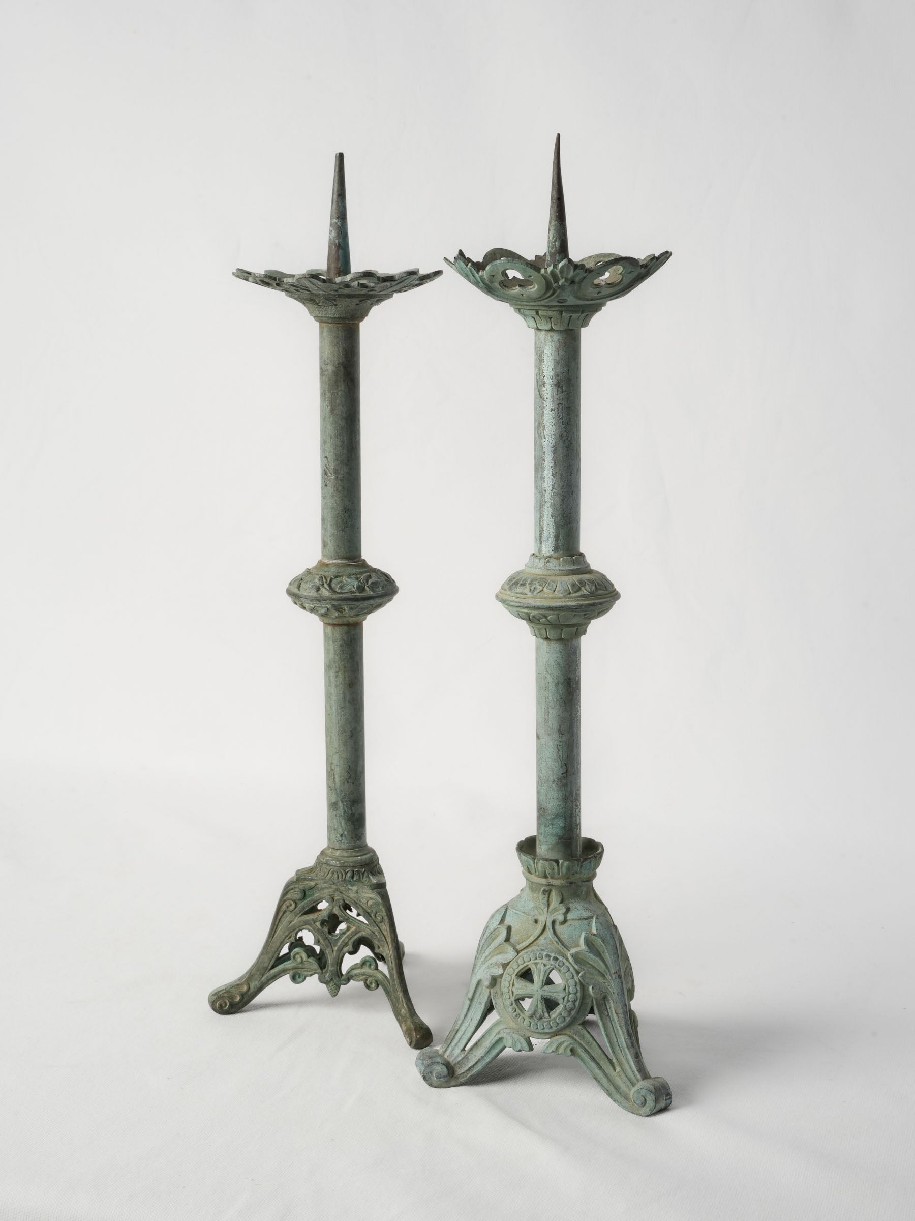 Near Pair of Verdigris Patinated Neo-Gothic Brass Pricket Candlesticks - 20¾"