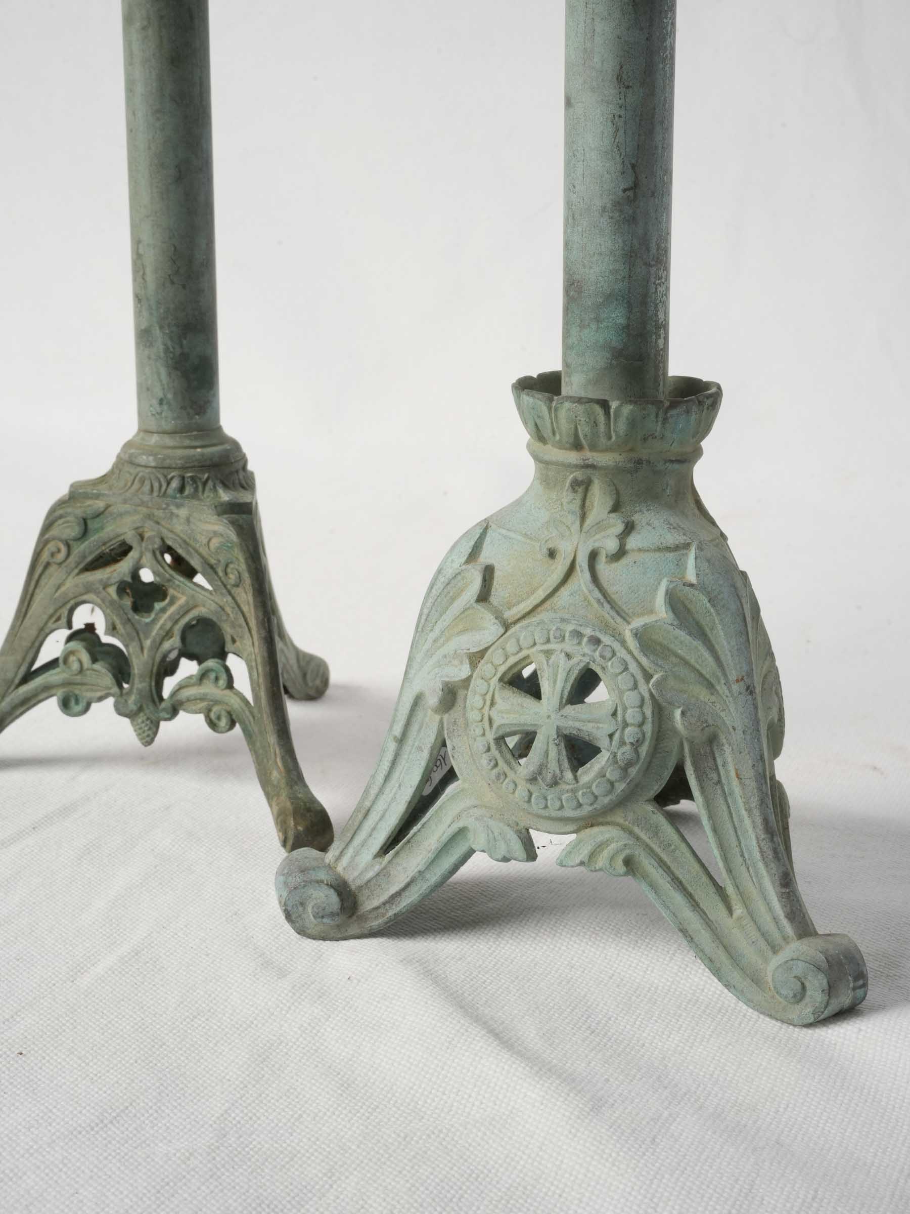 Near Pair of Verdigris Patinated Neo-Gothic Brass Pricket Candlesticks - 20¾"