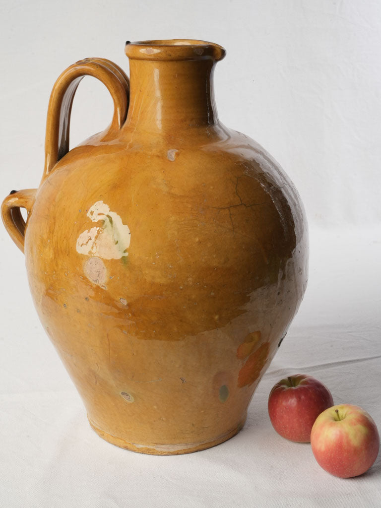 Sculptural Large Antique Glazed Jug w/ Vibrant Ocher Glaze - 17¾"