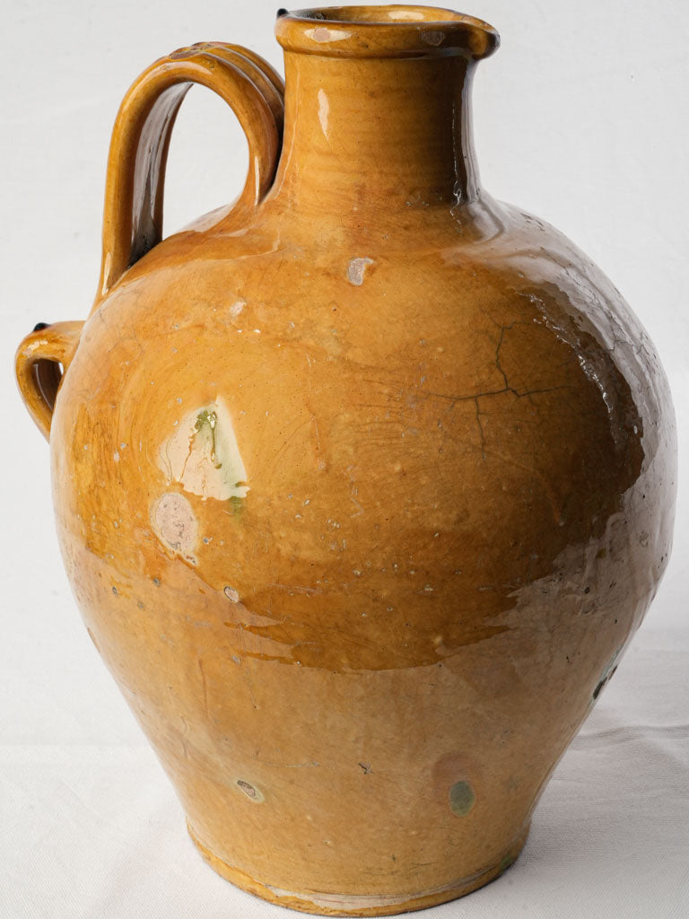 Sculptural Large Antique Glazed Jug w/ Vibrant Ocher Glaze - 17¾"