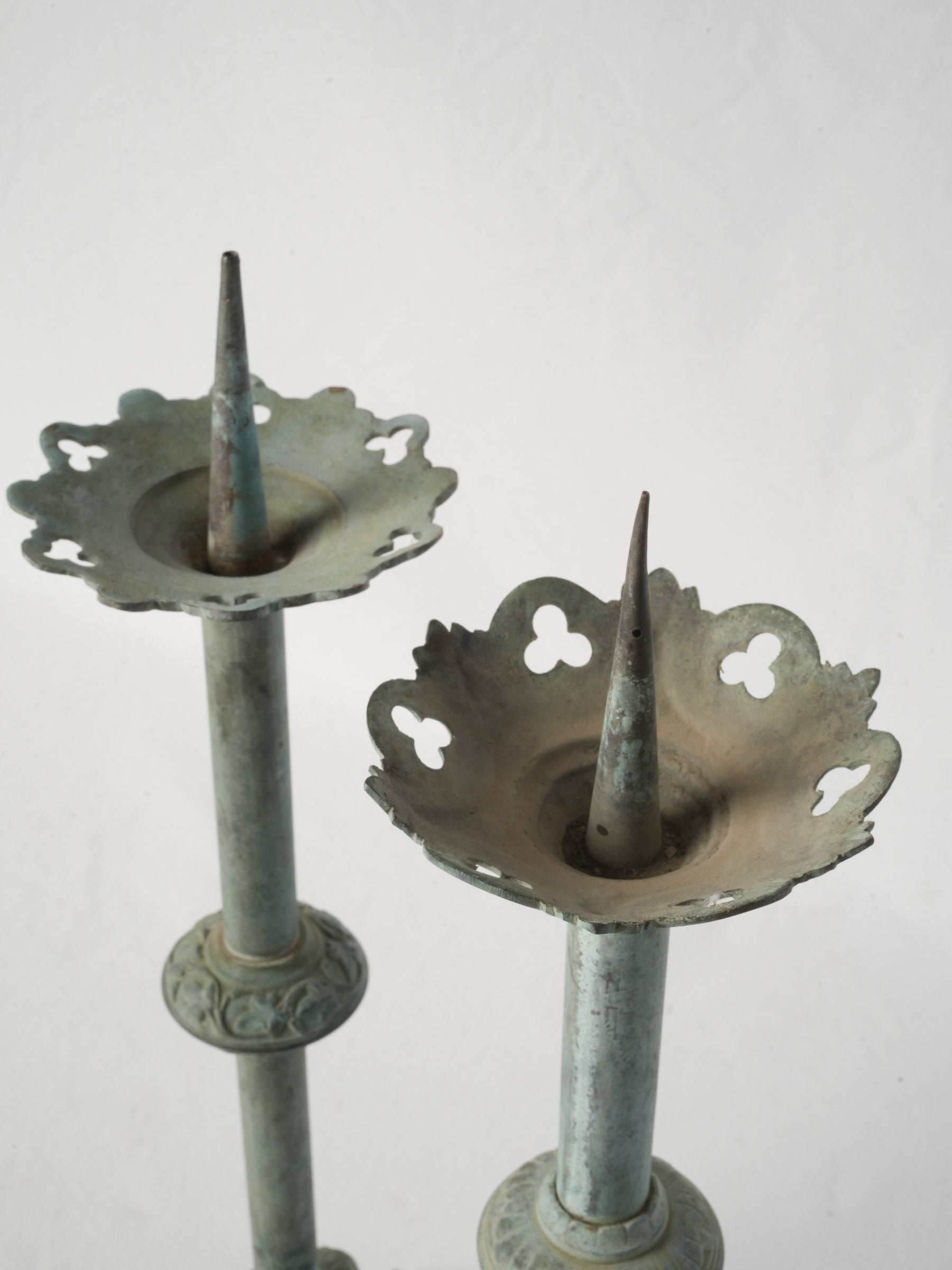 Near Pair of Verdigris Patinated Neo-Gothic Brass Pricket Candlesticks - 20¾"