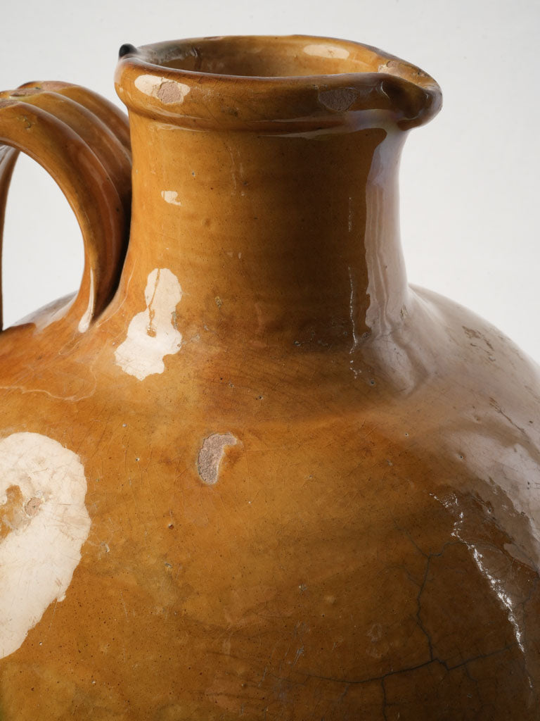 Sculptural Large Antique Glazed Jug w/ Vibrant Ocher Glaze - 17¾"