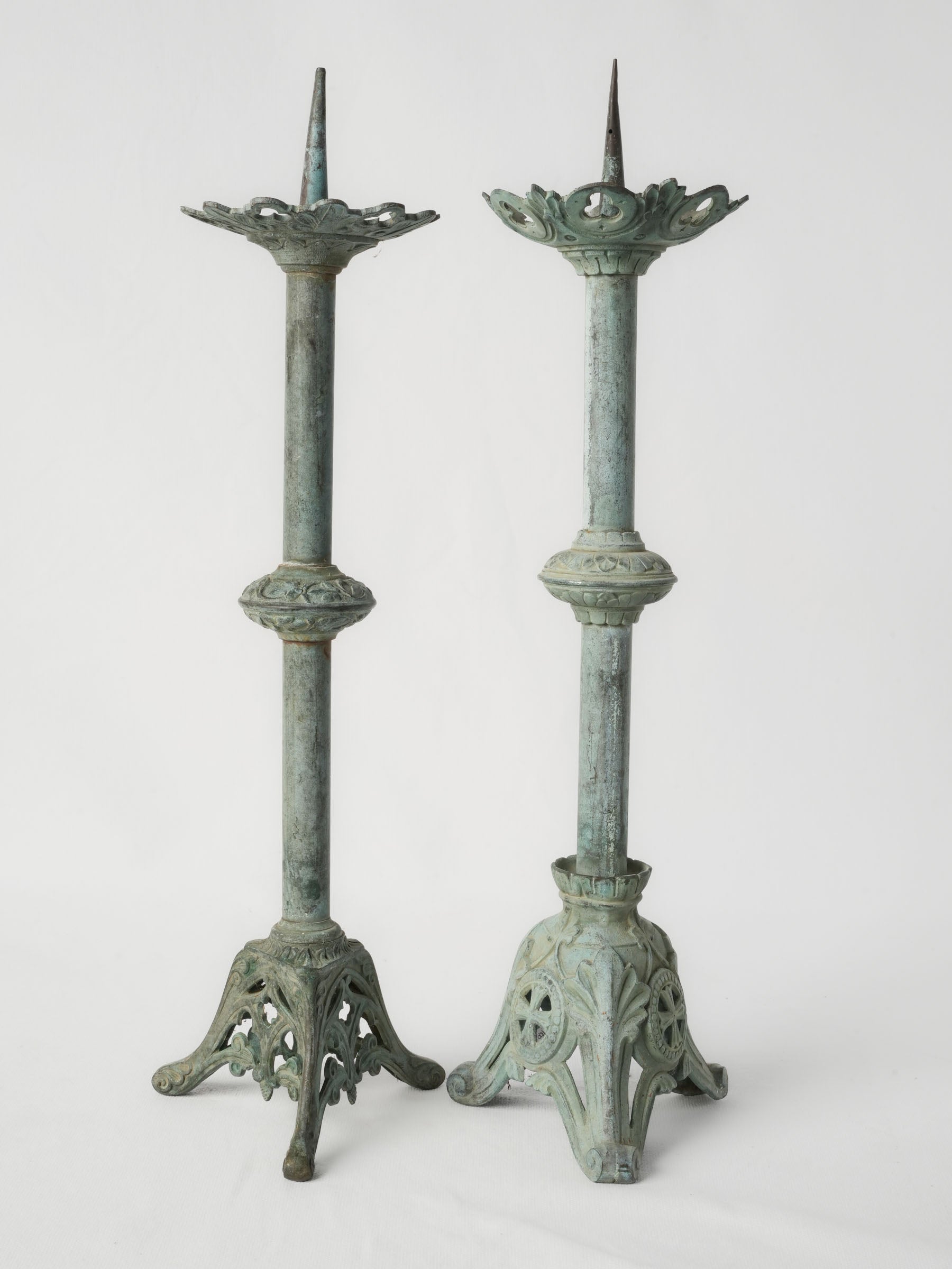 Near Pair of Verdigris Patinated Neo-Gothic Brass Pricket Candlesticks - 20¾"