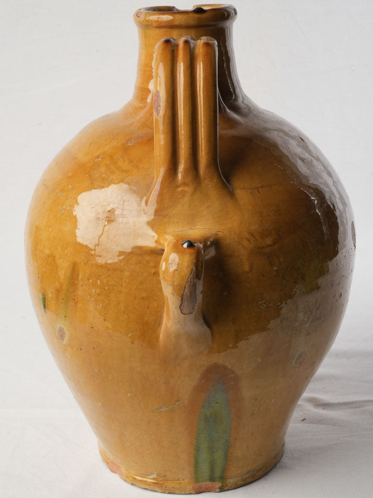 Sculptural Large Antique Glazed Jug w/ Vibrant Ocher Glaze - 17¾"
