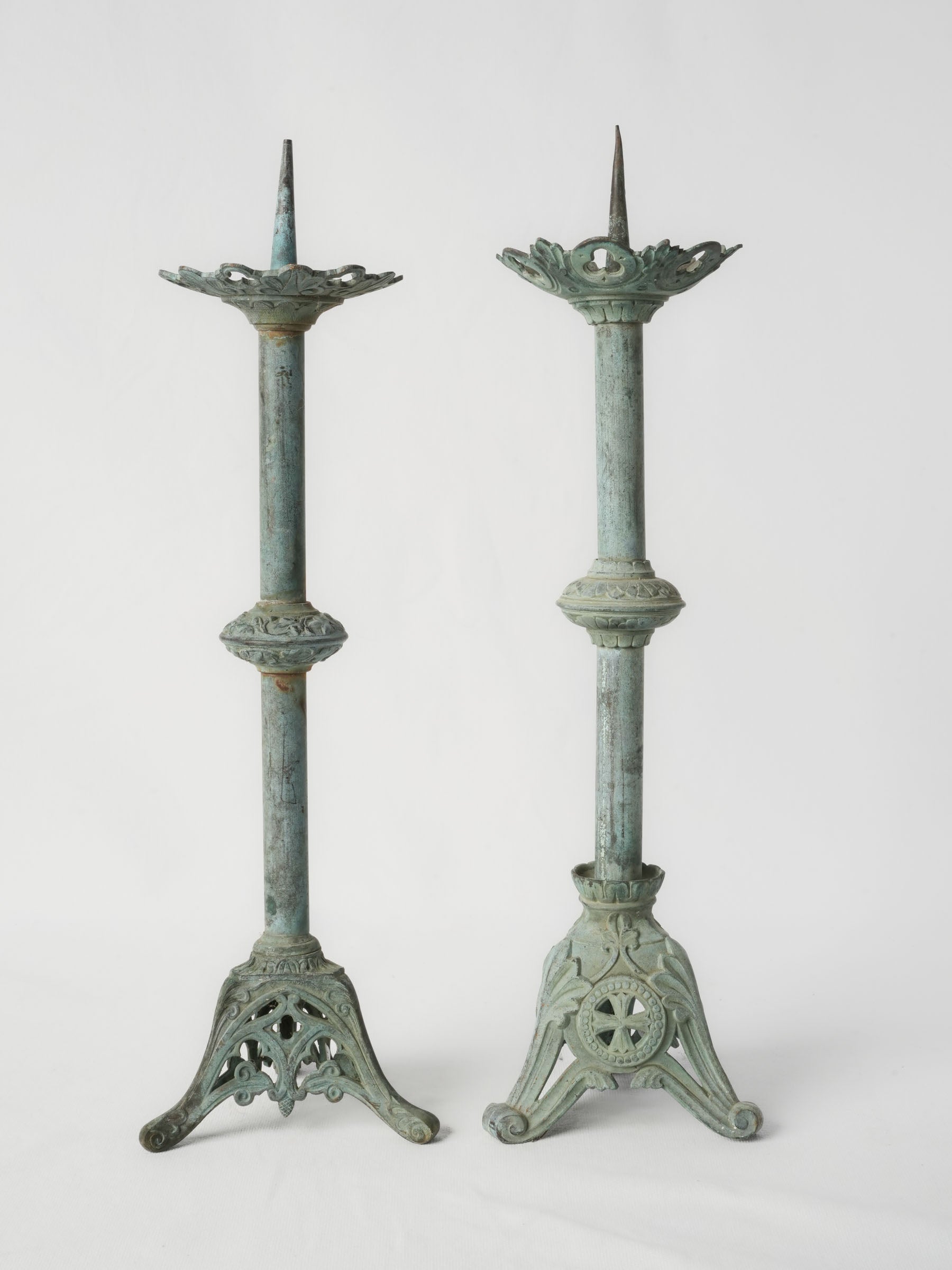 Near Pair of Verdigris Patinated Neo-Gothic Brass Pricket Candlesticks - 20¾"