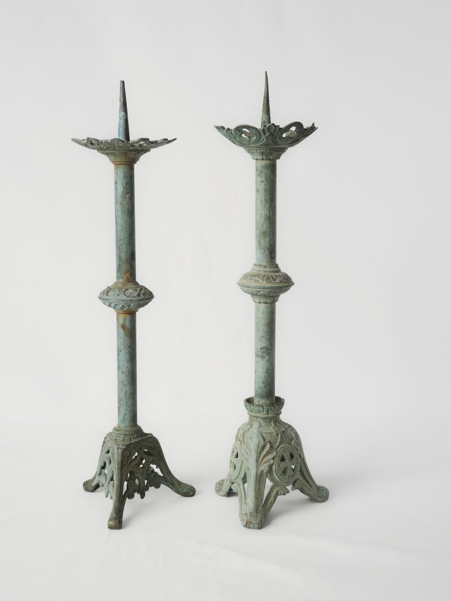 Near Pair of Verdigris Patinated Neo-Gothic Brass Pricket Candlesticks - 20¾"