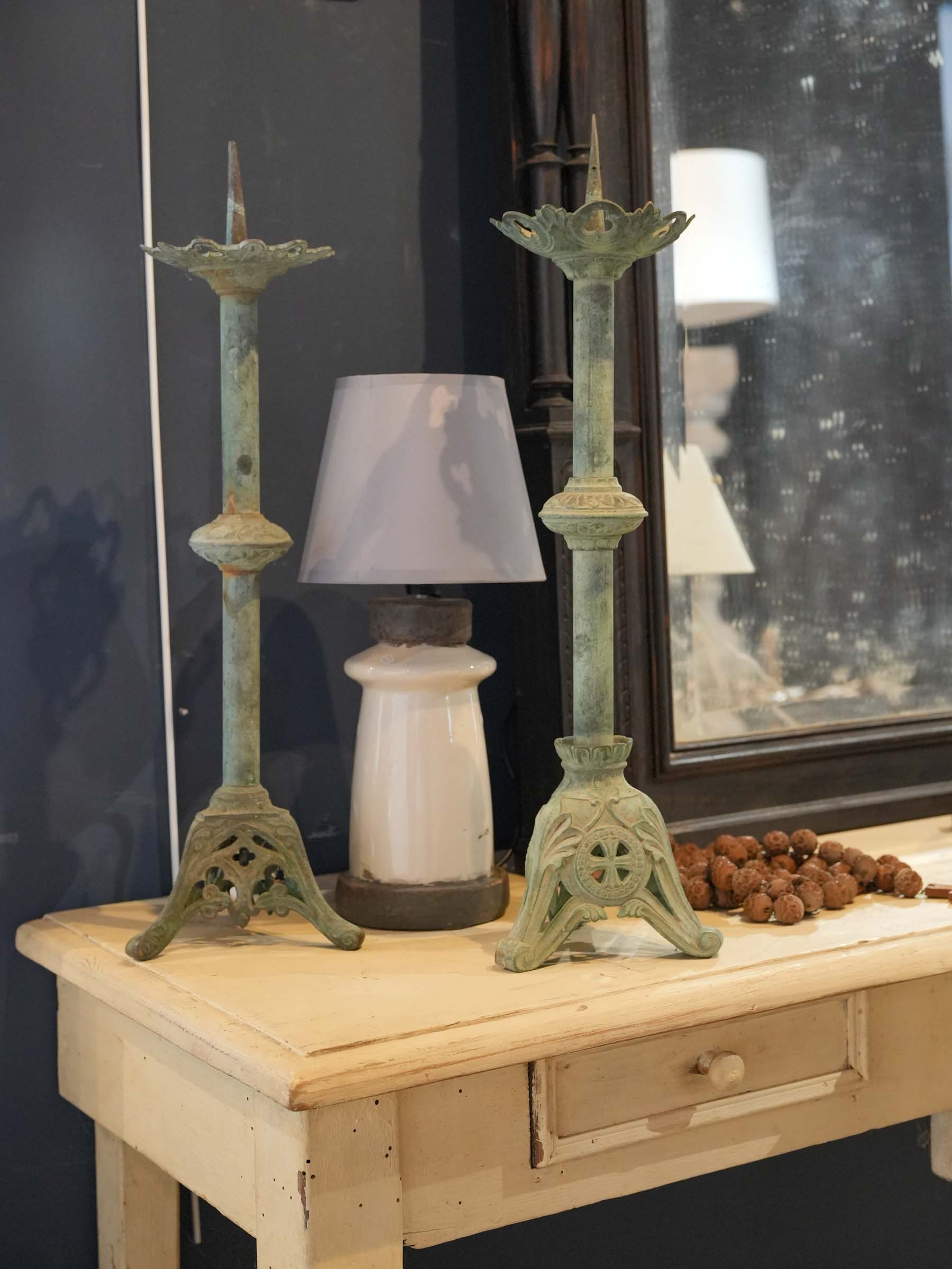 Near Pair of Verdigris Patinated Neo-Gothic Brass Pricket Candlesticks - 20¾"