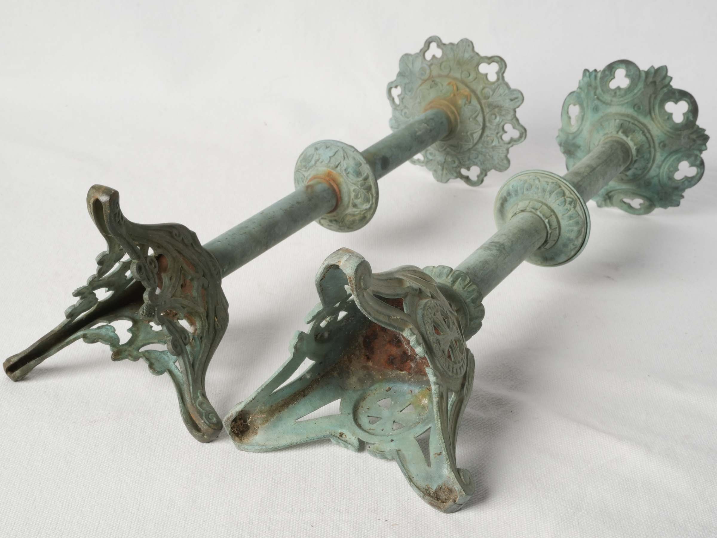 Near Pair of Verdigris Patinated Neo-Gothic Brass Pricket Candlesticks - 20¾"