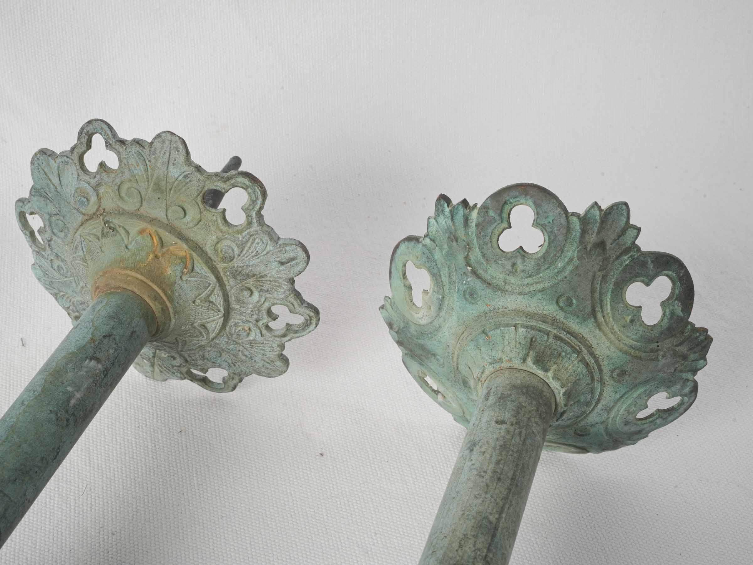 Near Pair of Verdigris Patinated Neo-Gothic Brass Pricket Candlesticks - 20¾"