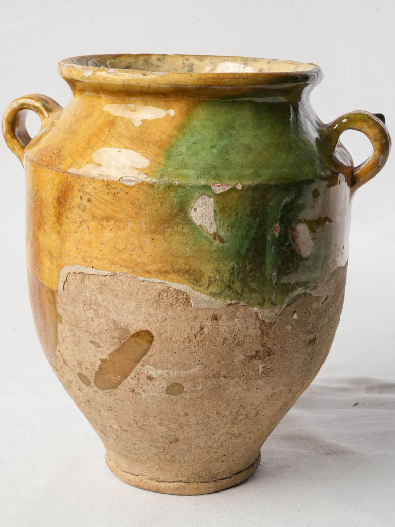 Large Antique Half Glazed Confit Pot in Ocher and Green - 11½"