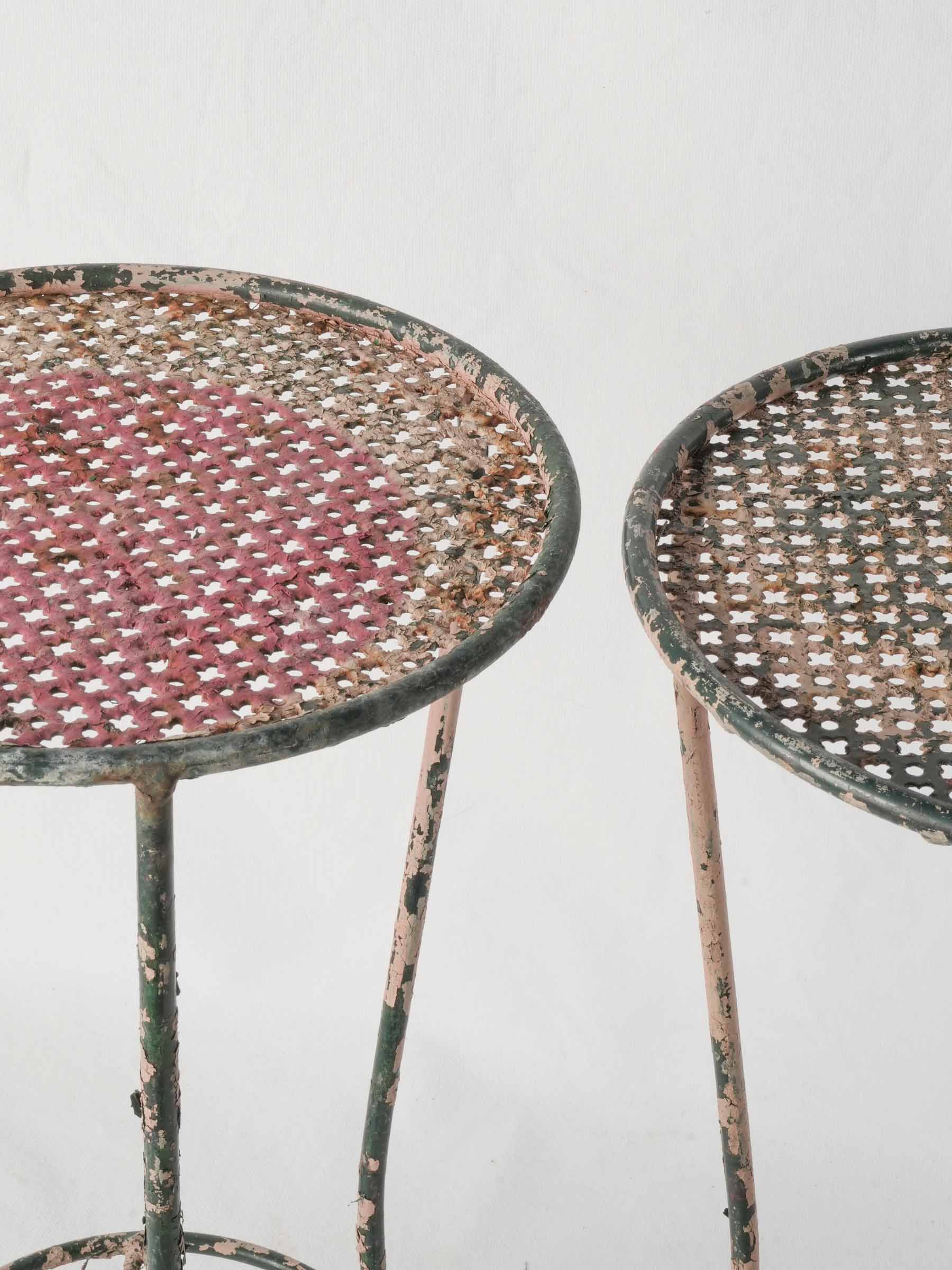 Pair of 1950s Painted Iron Pedestal Tables with Pierced Metal Tops - 22" x 12¼"