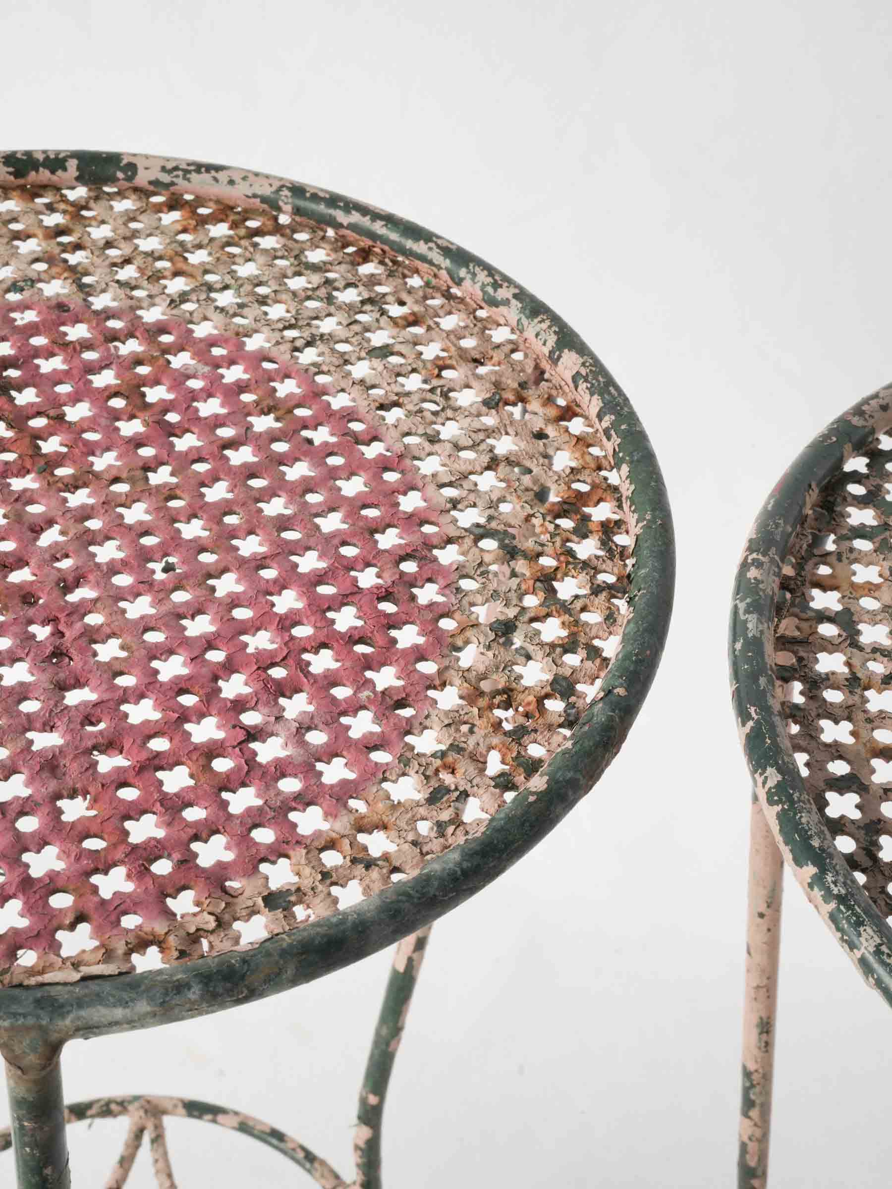 Pair of 1950s Painted Iron Pedestal Tables with Pierced Metal Tops - 22" x 12¼"
