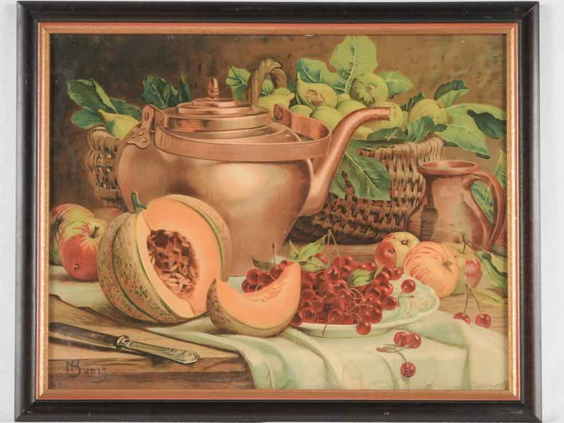 Still life chromolithograph - melon & cherries - signed Bonis 17¾" x 22"
