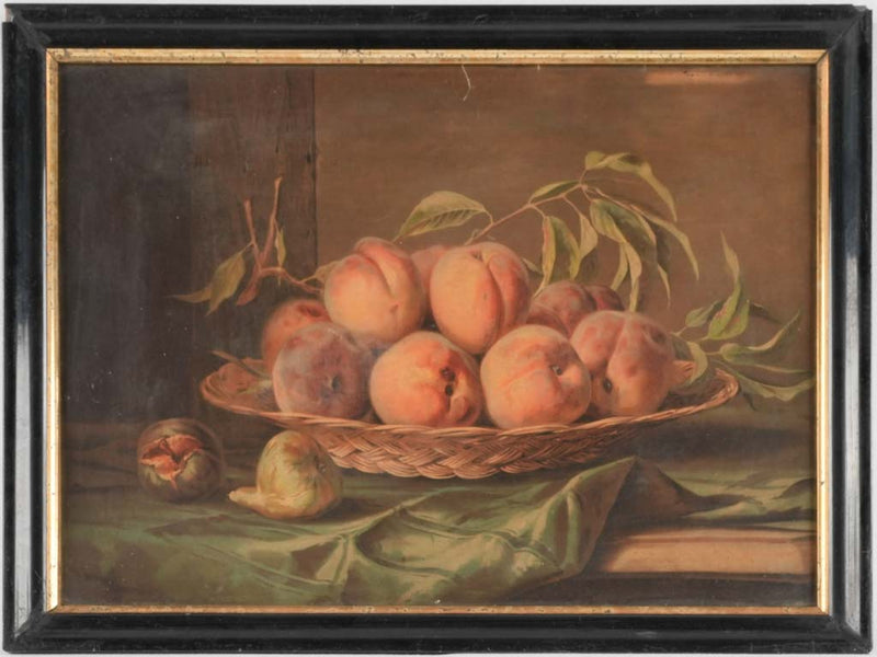 Still life chromolithograph - peaches in wicker basket w/ figs 17¼" x 22½"