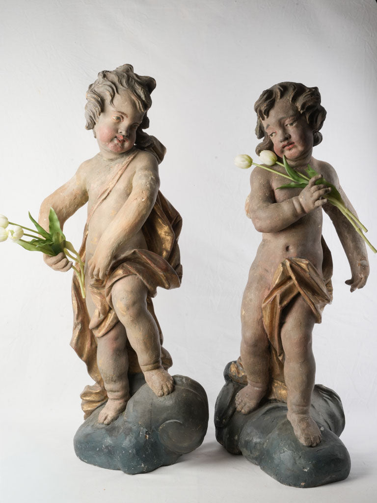 Antique French wooden putti statues  
