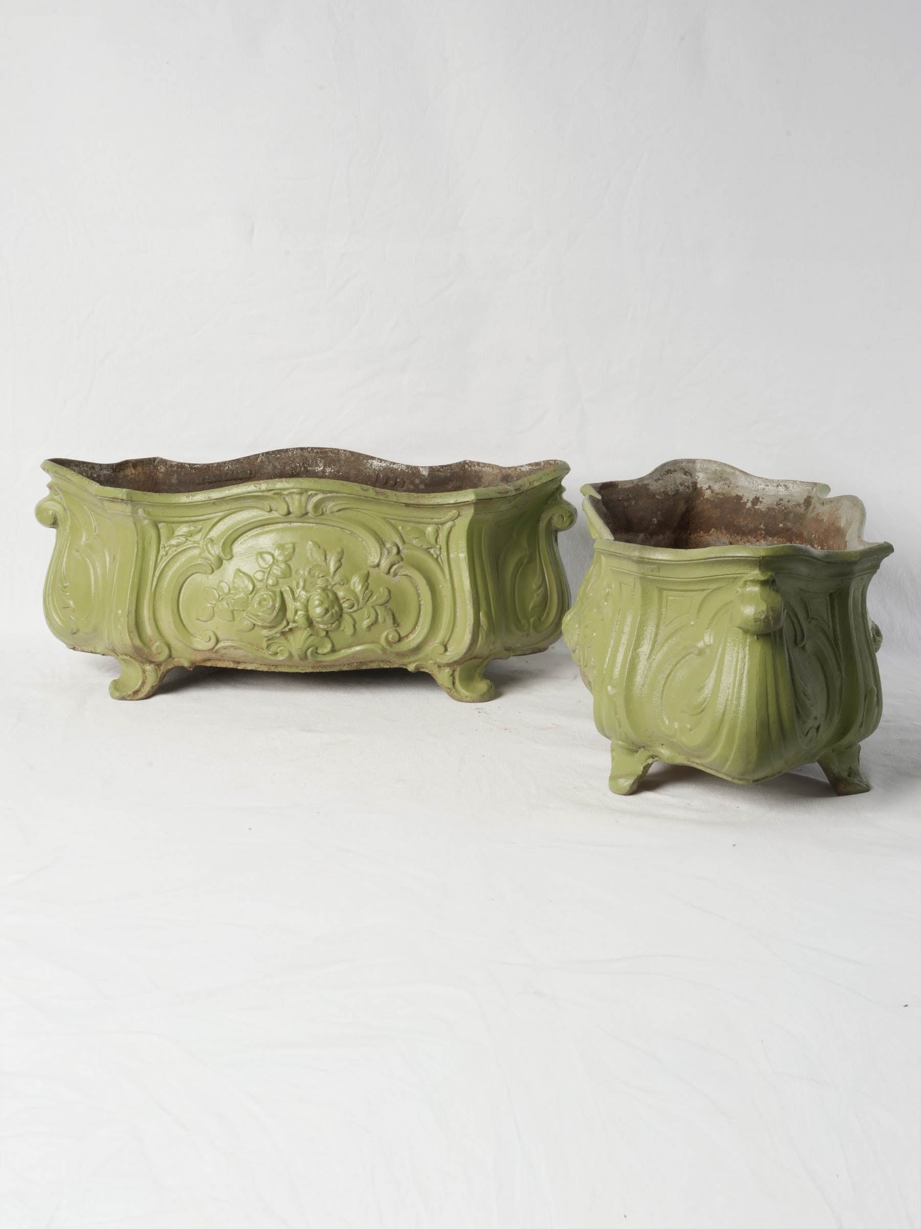 Pair of Antique French Cast Iron Planters w/ Later Painted Olive Green Finish - 22¾"