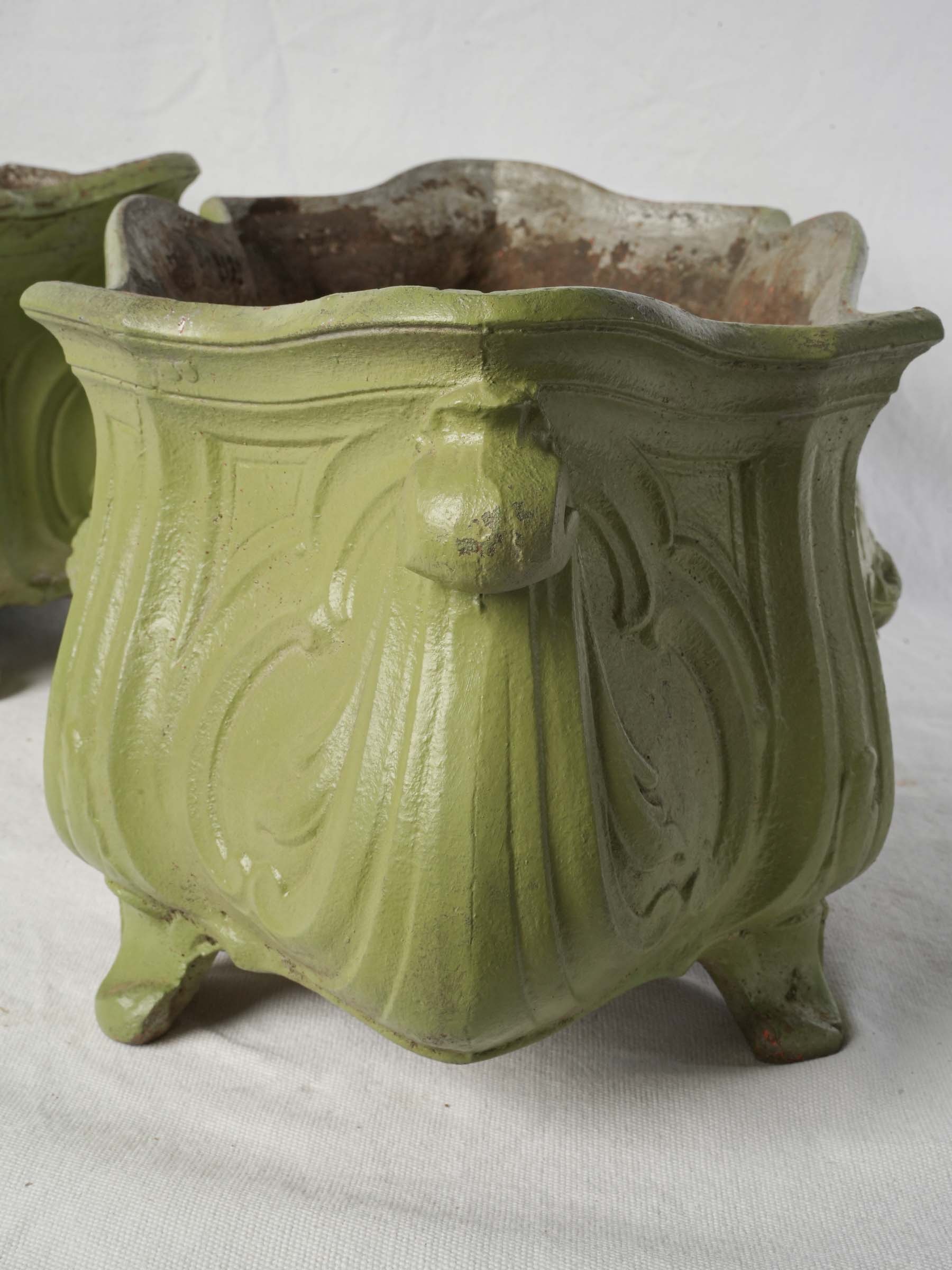 Pair of Antique French Cast Iron Planters w/ Later Painted Olive Green Finish - 22¾"