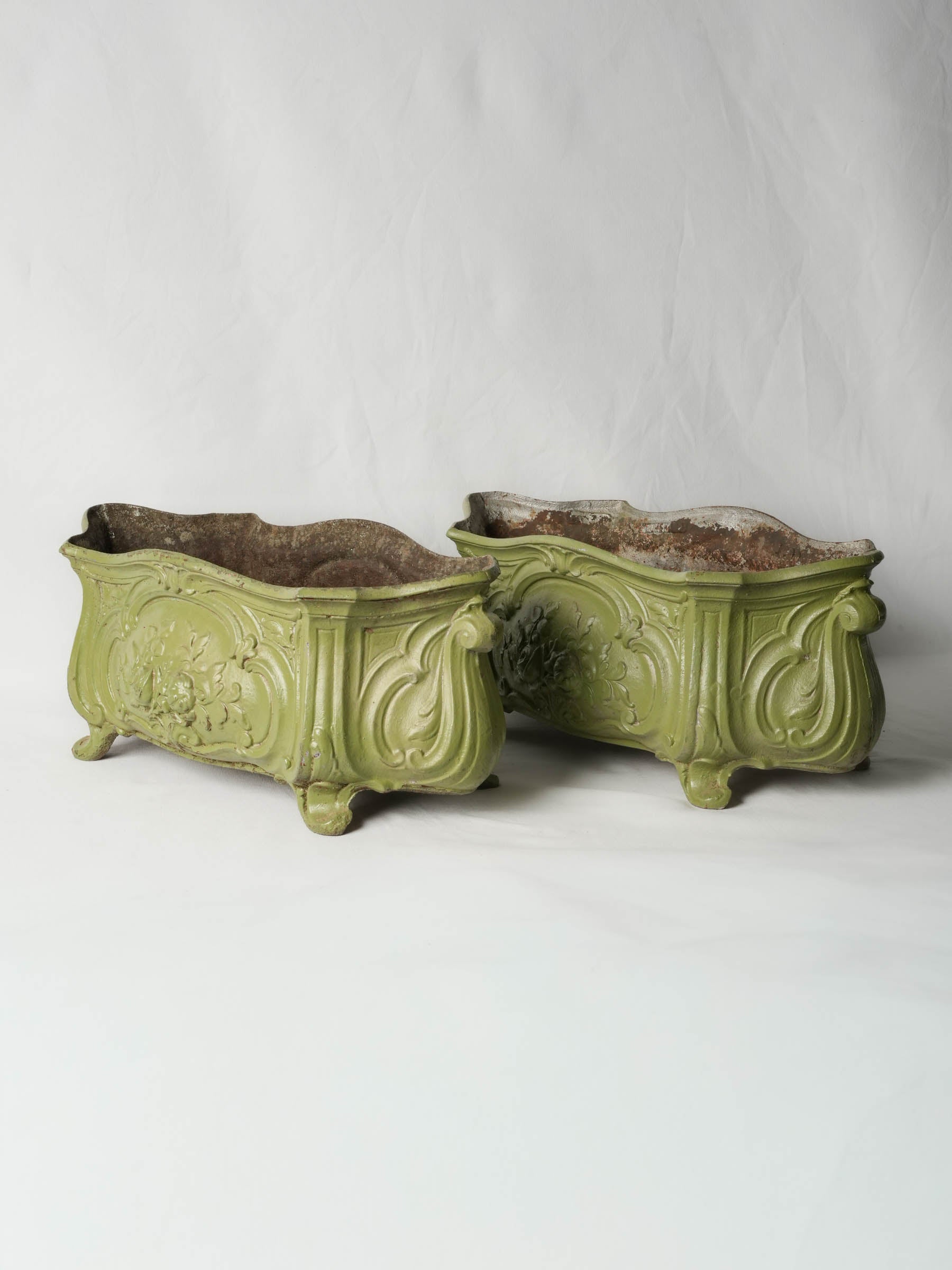 Pair of Antique French Cast Iron Planters w/ Later Painted Olive Green Finish - 22¾"