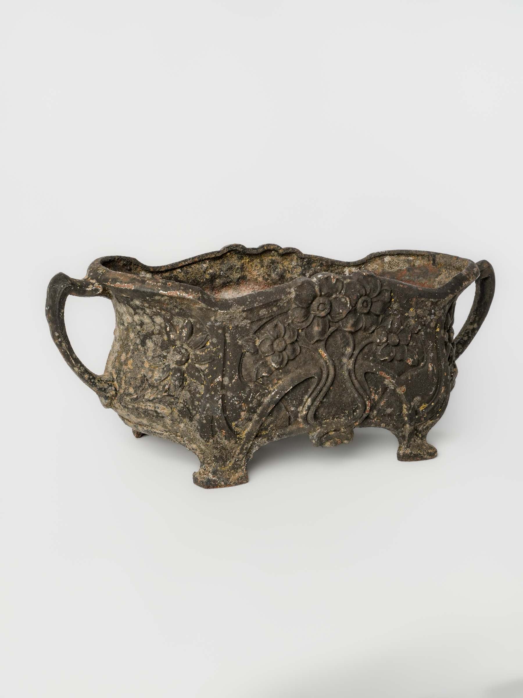 Small Art Nouveau Cast Iron Jardinière w/ Floral Relief and Rich Aged Patina - 16¼"