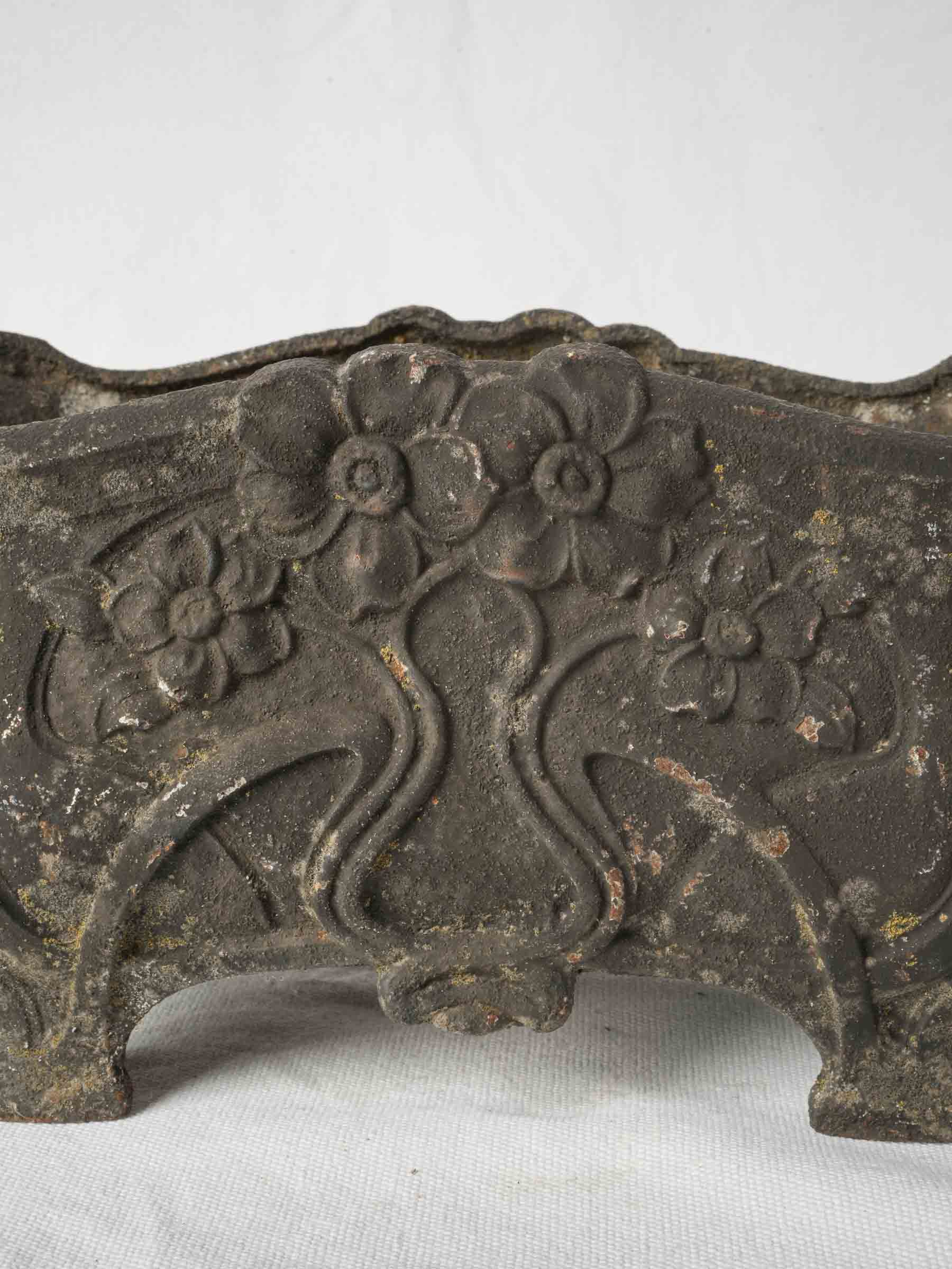 Small Art Nouveau Cast Iron Jardinière w/ Floral Relief and Rich Aged Patina - 16¼"