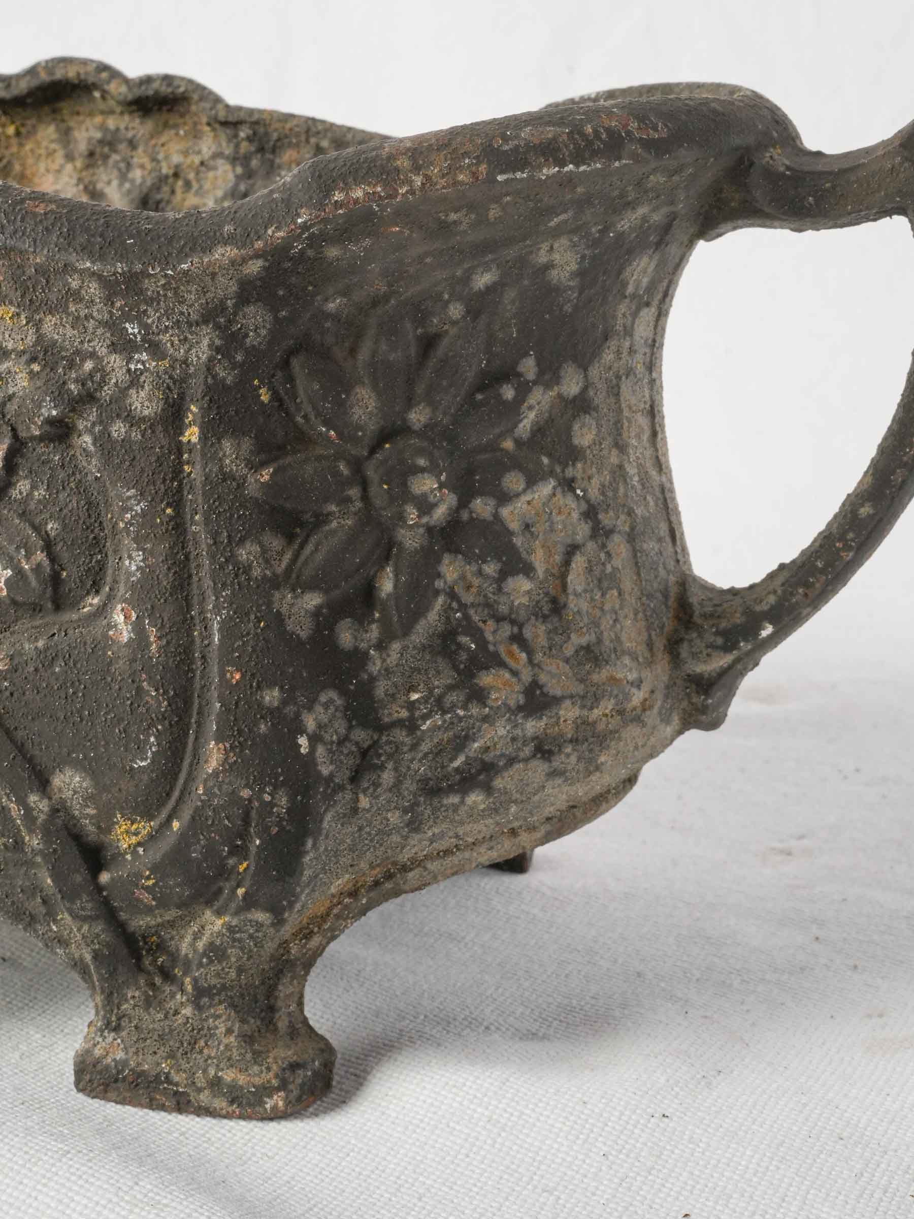 Small Art Nouveau Cast Iron Jardinière w/ Floral Relief and Rich Aged Patina - 16¼"