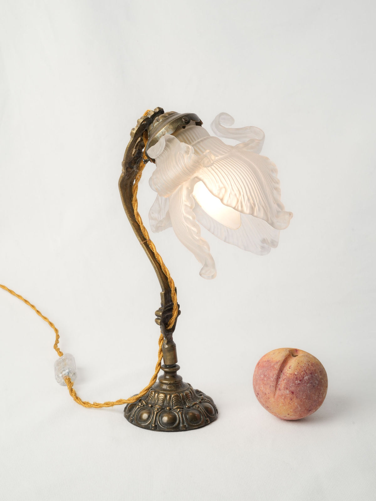 Petite Art Nouveau Brass Lamp w/ Frosted Glass Flower Shade - 5½"