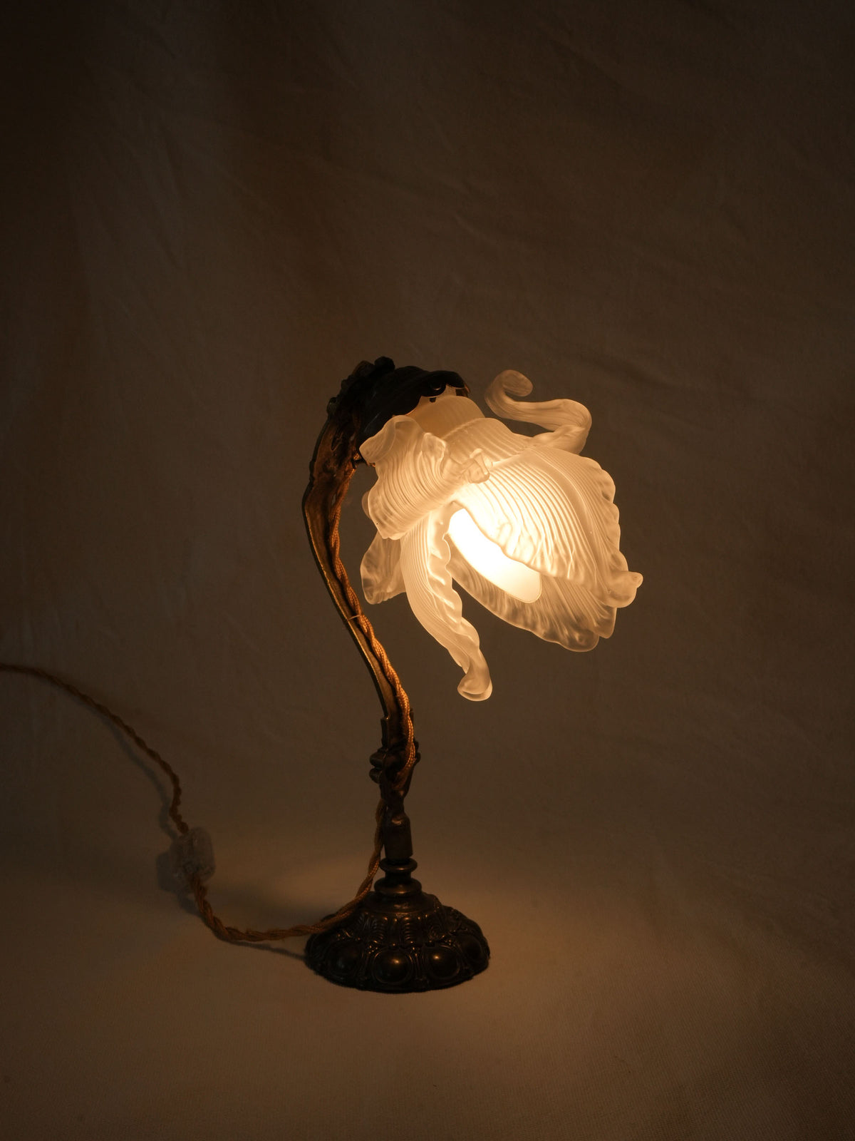Petite Art Nouveau Brass Lamp w/ Frosted Glass Flower Shade - 5½"