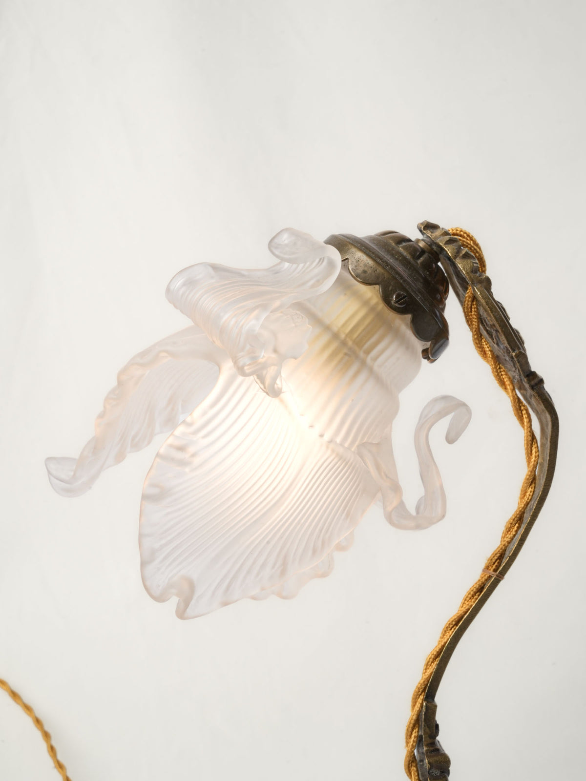 Petite Art Nouveau Brass Lamp w/ Frosted Glass Flower Shade - 5½"