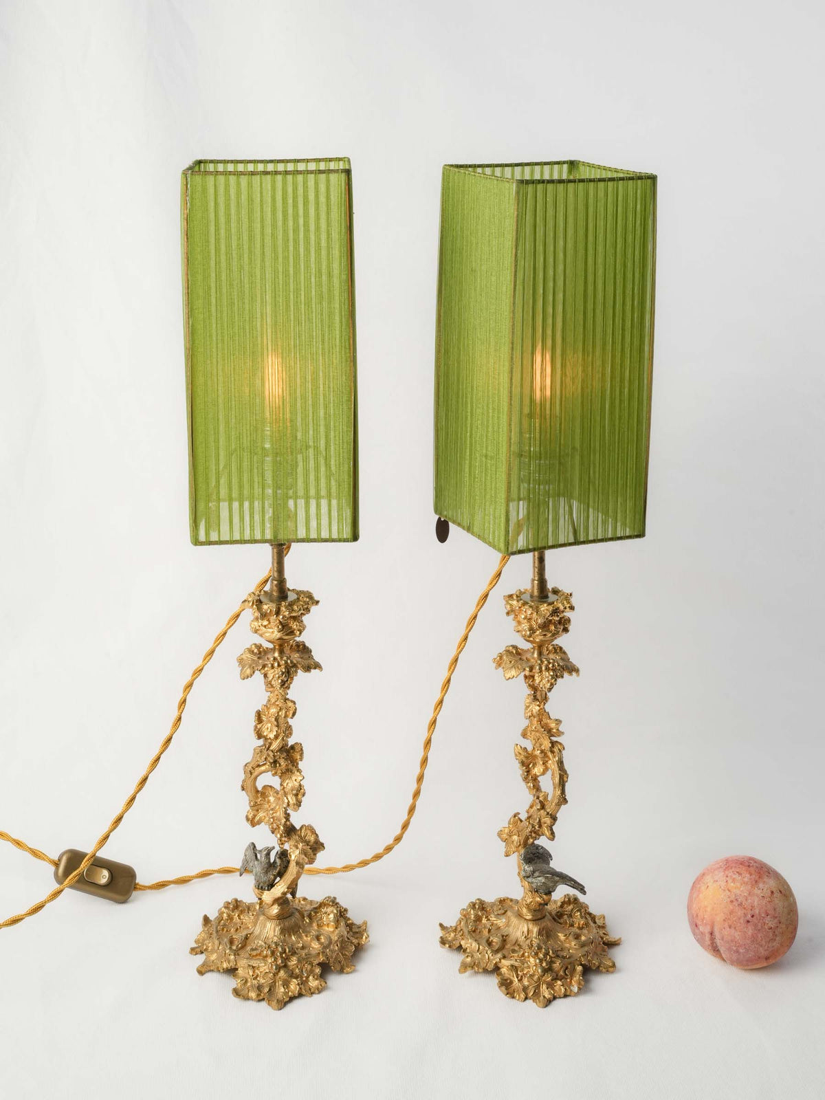 Enchanting Pair of Antique Ormolu Candlesticks Converted into Lamps w/ Peridot Organza Shades - 22"