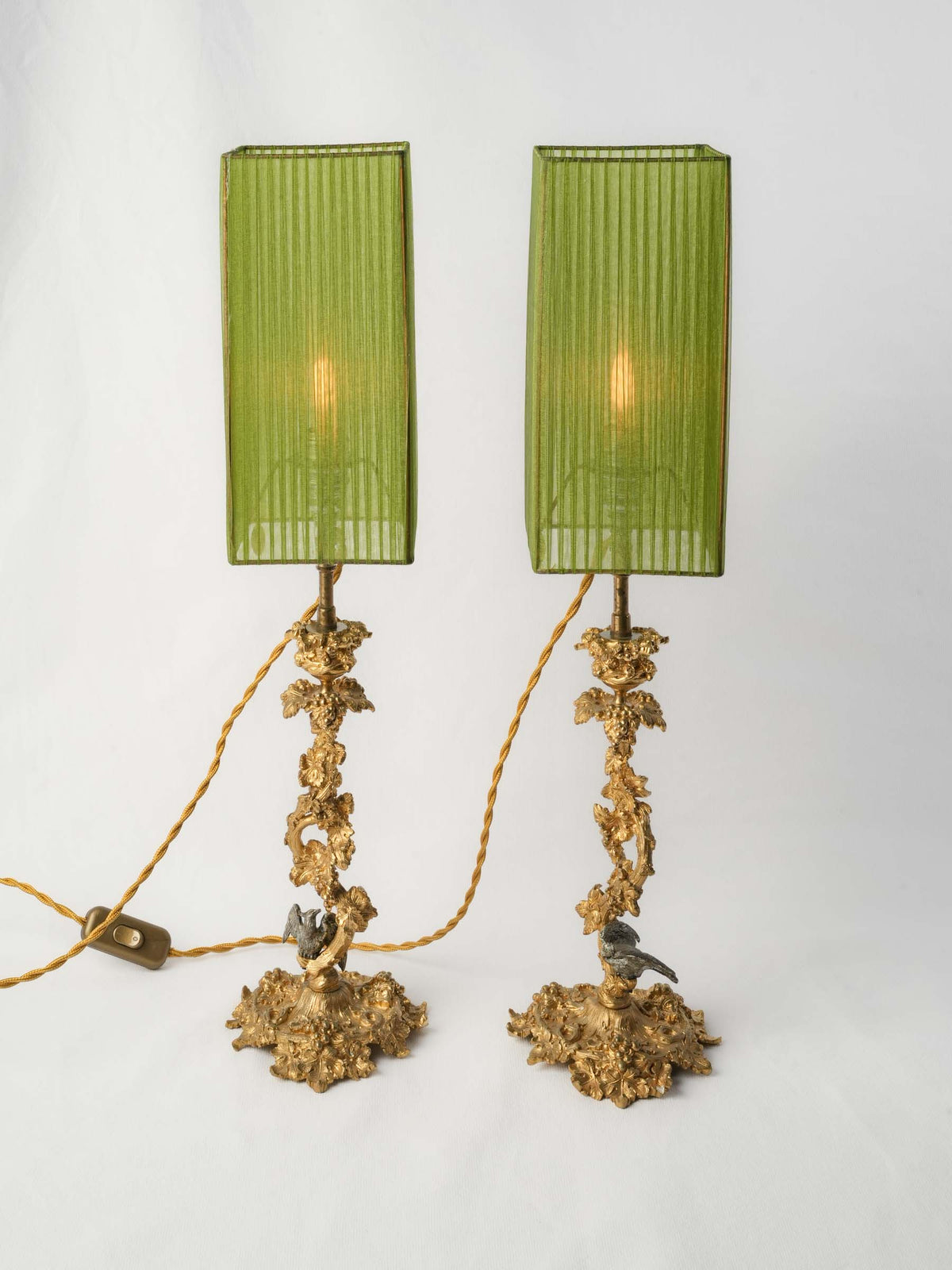 Enchanting Pair of Antique Ormolu Candlesticks Converted into Lamps w/ Peridot Organza Shades - 22"