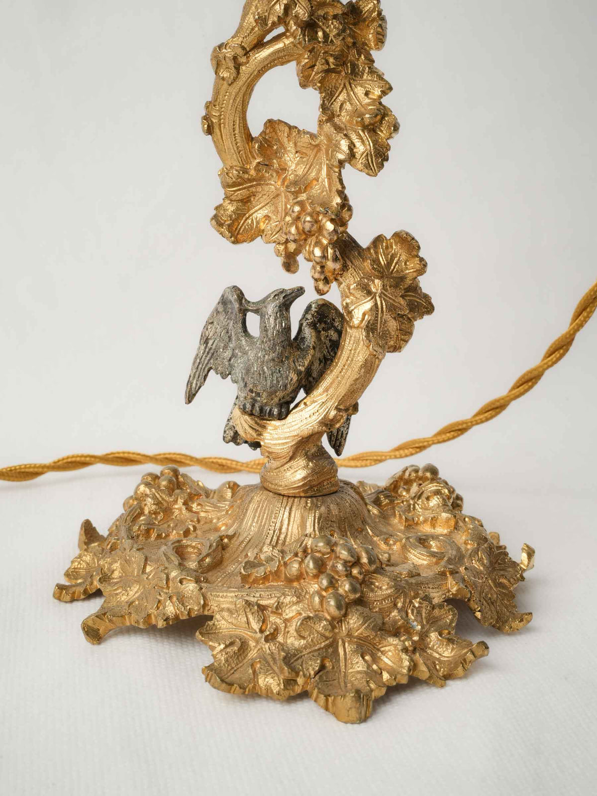 Enchanting Pair of Antique Ormolu Candlesticks Converted into Lamps w/ Peridot Organza Shades - 22"