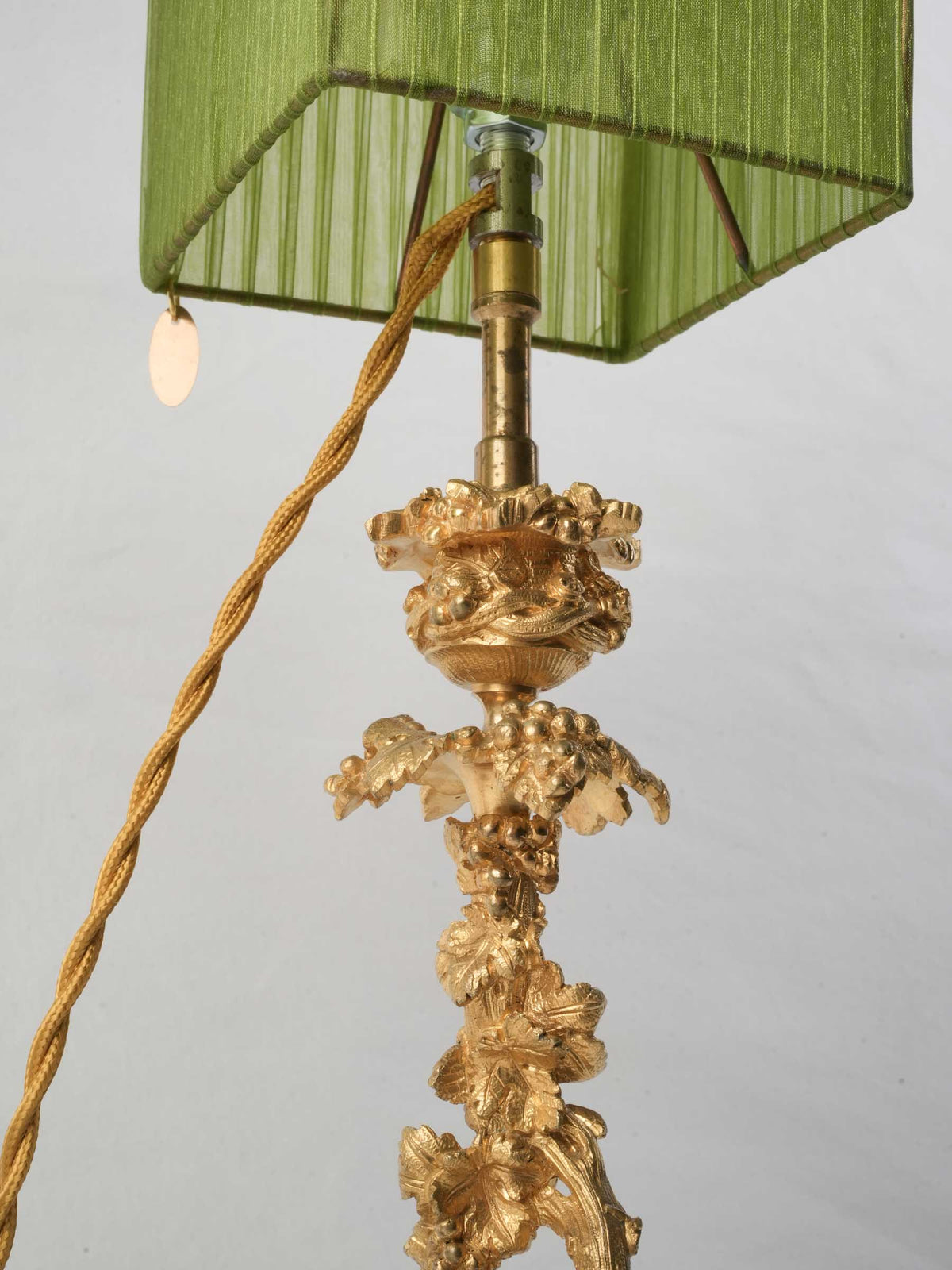 Enchanting Pair of Antique Ormolu Candlesticks Converted into Lamps w/ Peridot Organza Shades - 22"