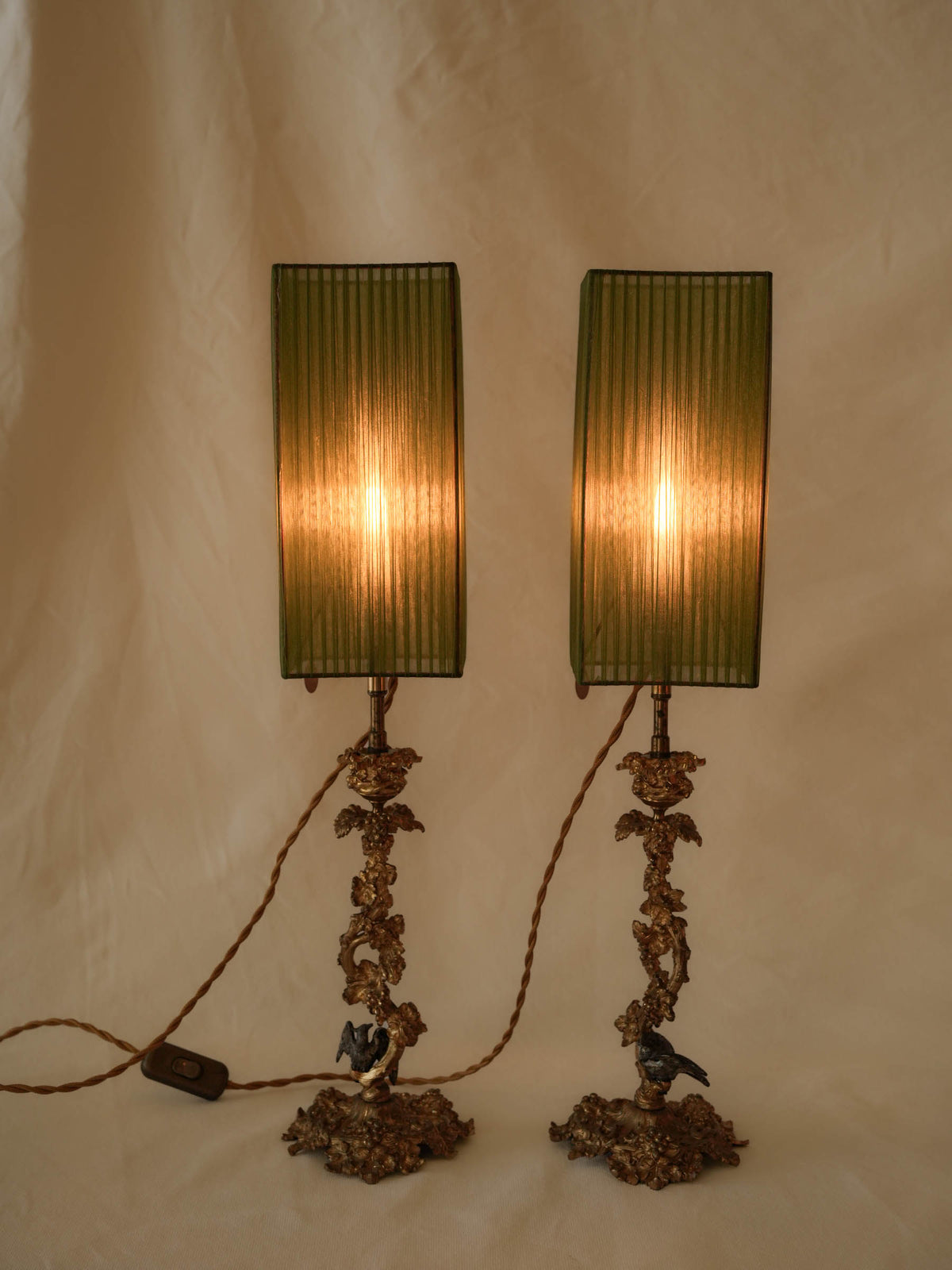 Enchanting Pair of Antique Ormolu Candlesticks Converted into Lamps w/ Peridot Organza Shades - 22"